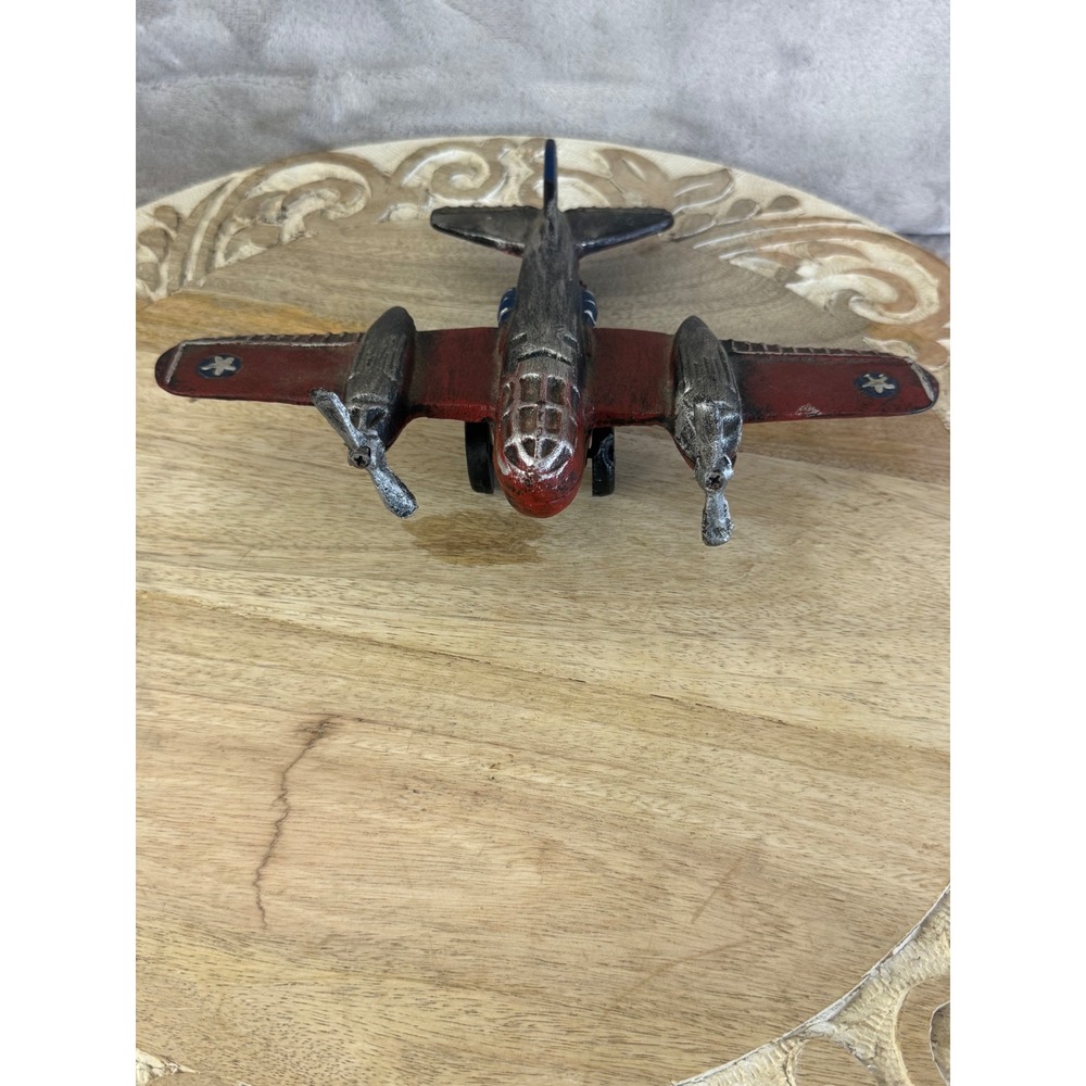 Vintage Style Cast Iron Bomber Airplane Red Silver Propeller Military Figurine